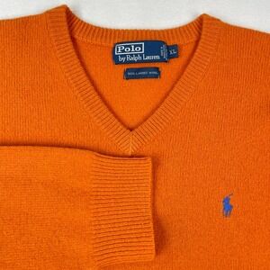 Polo Ralph Lauren Mens XL Lambswool V-Neck Sweater Orange Blue Pony Logo Knit
